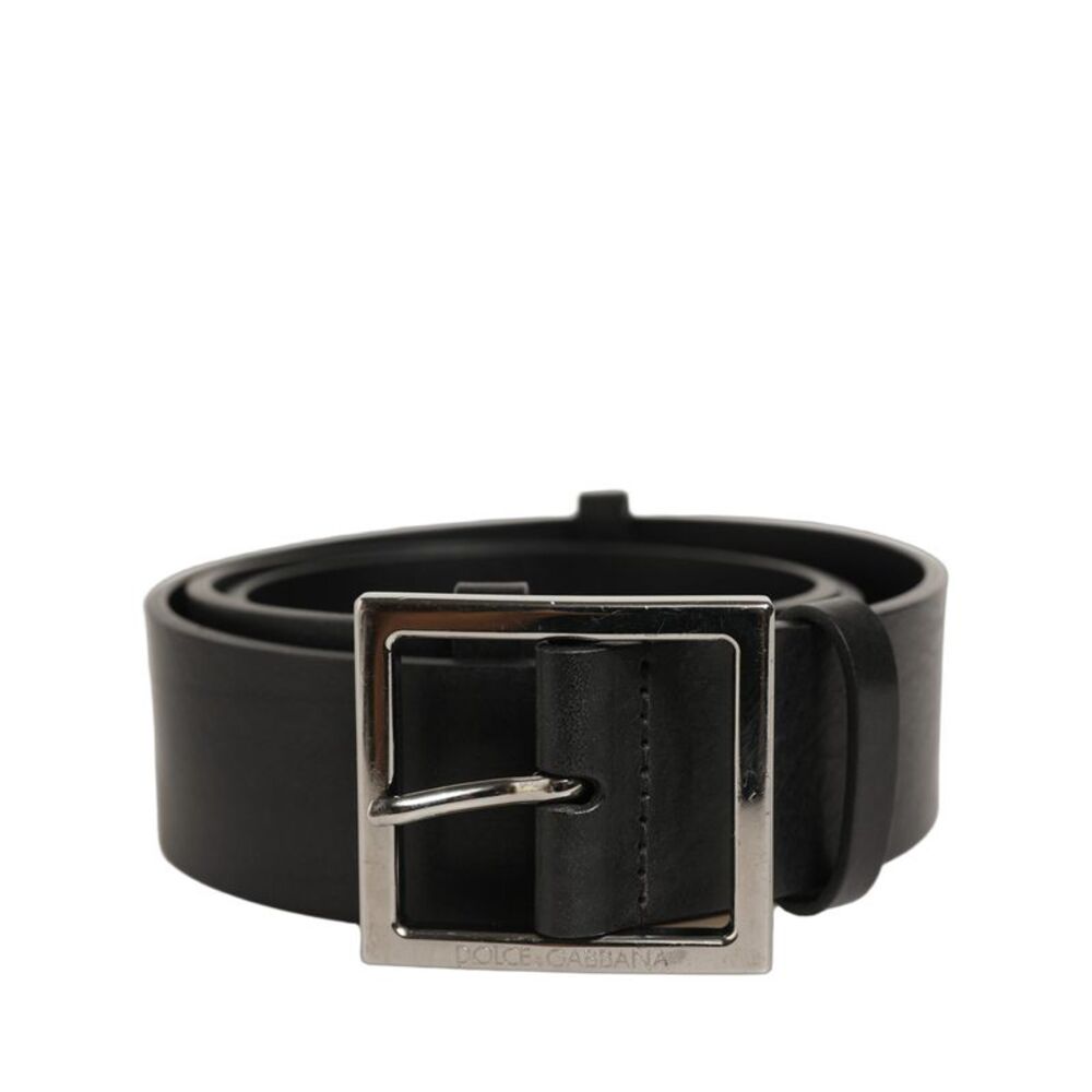 Dolce & Gabbana Black Leather Silver Tone Square Buckle Men's Belt